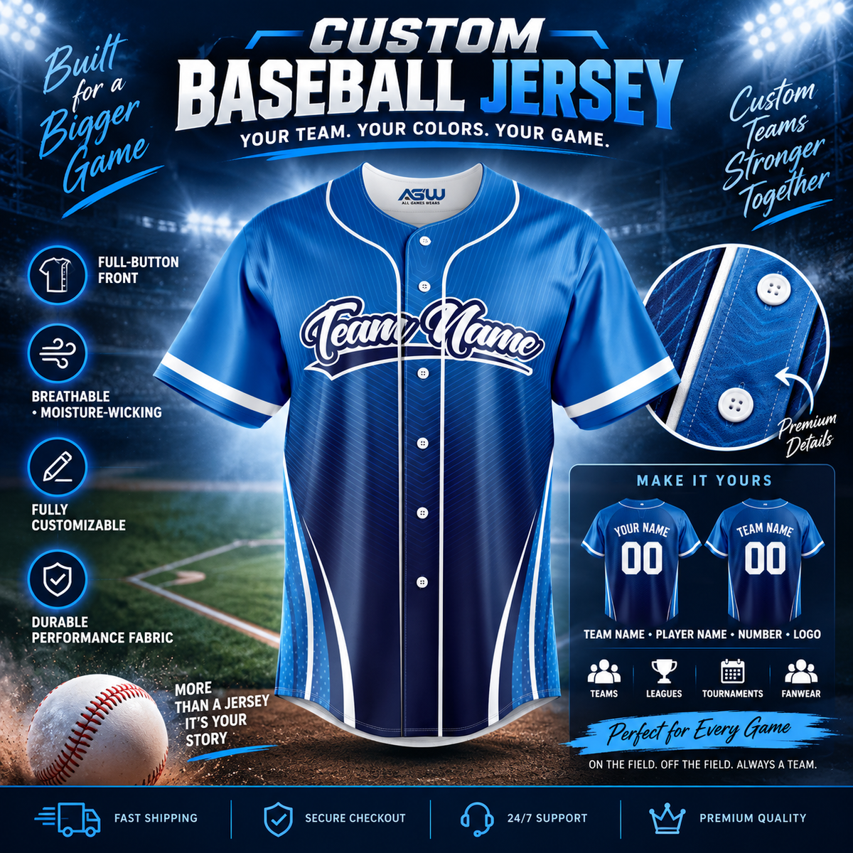 Custom Full Button Baseball Jersey #4 – Player Name, Number & Logo