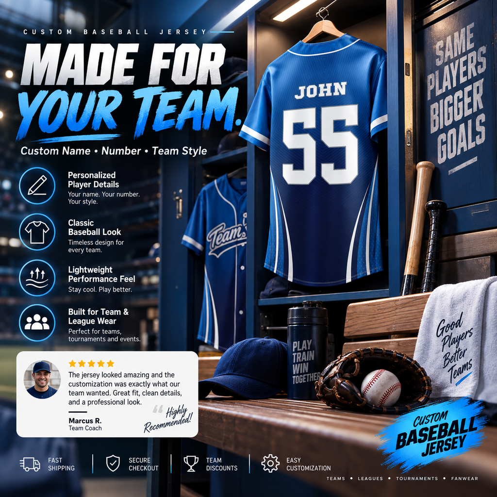 Custom Full Button Baseball Jersey #4 – Player Name, Number & Logo