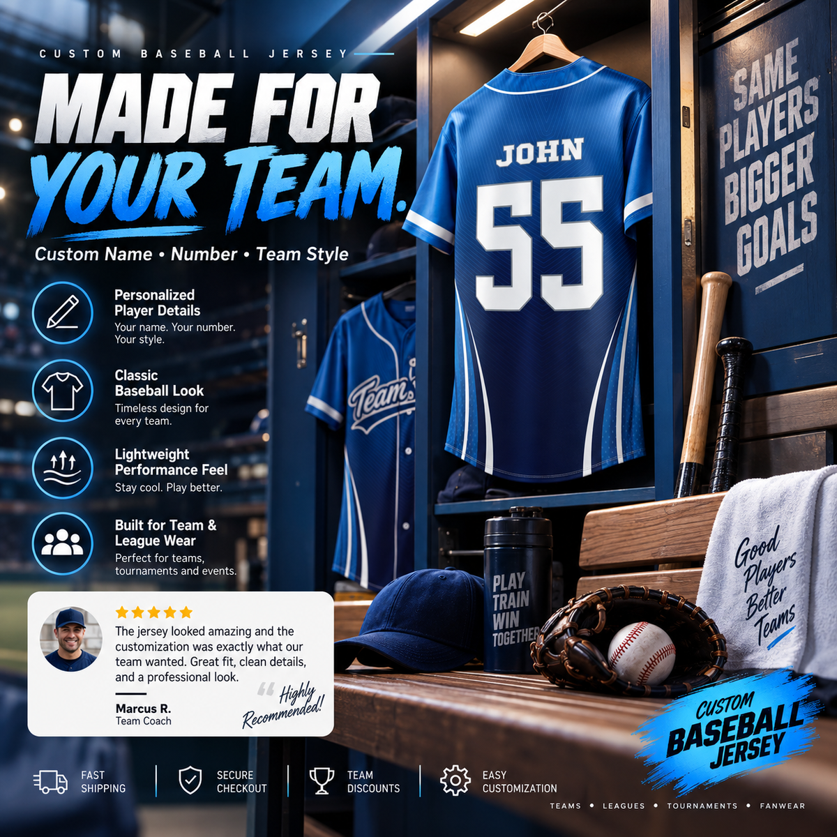 Custom Full Button Baseball Jersey #4 – Player Name, Number & Logo