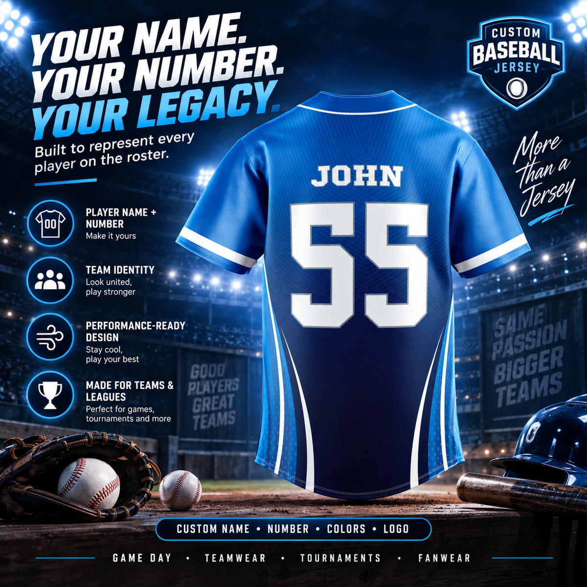 Custom Full Button Baseball Jersey #4 – Player Name, Number & Logo