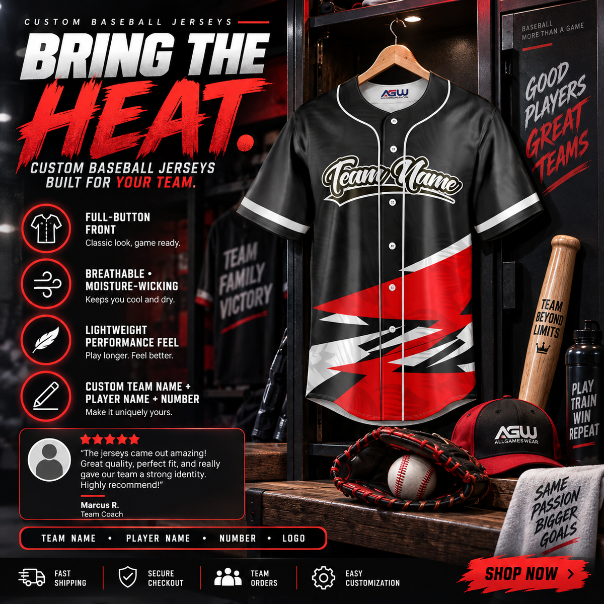 Custom Full Button Baseball Jersey #2 – Player Name, Number & Logo