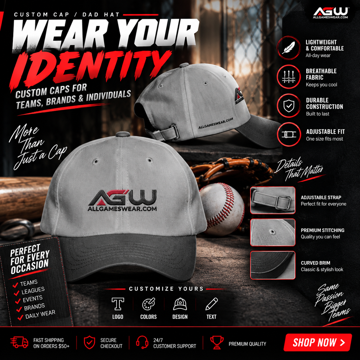Custom Sublimated Team Cap #2 – Player Name, Number & Logo