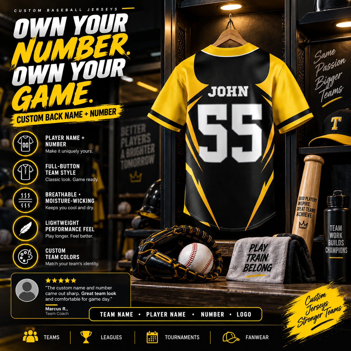Custom Full Button Baseball Jersey #3 – Player Name, Number & Logo