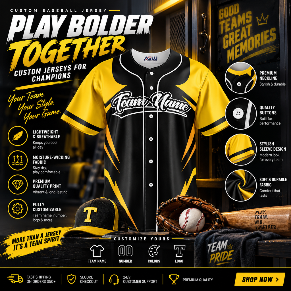 Custom Full Button Baseball Jersey #3 – Player Name, Number & Logo